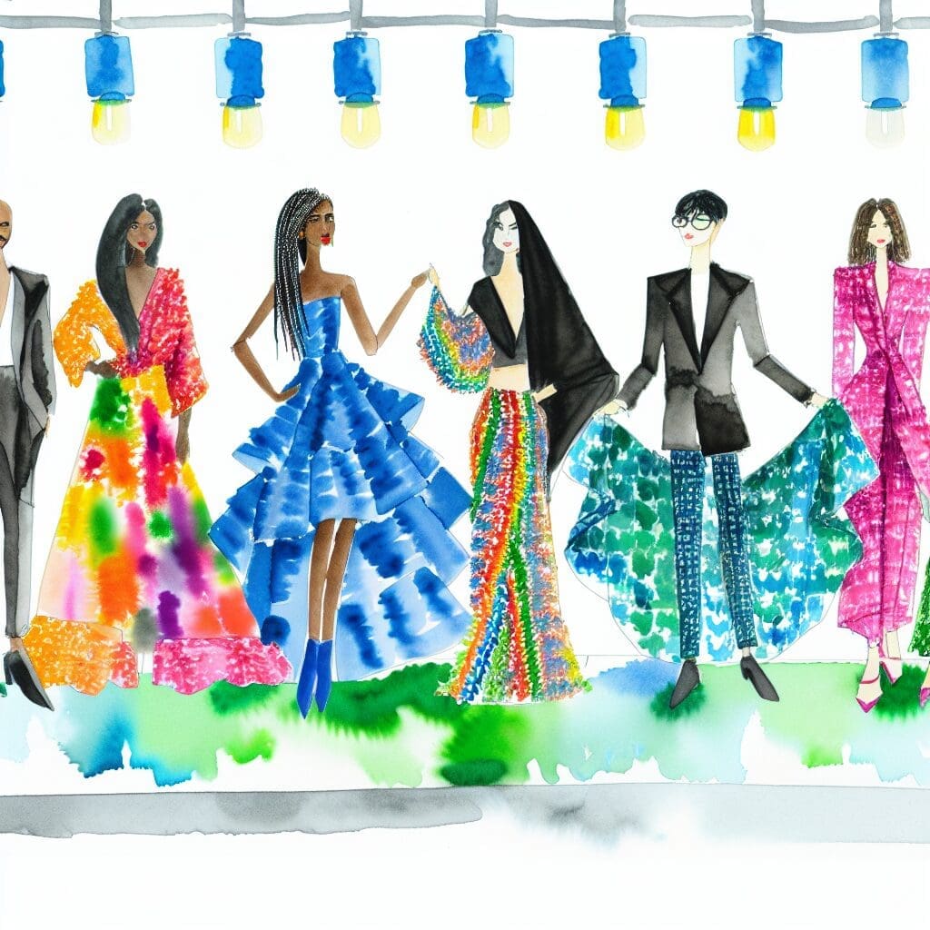 A diverse group of independent fashion designers showcasing vibrant, unique outfits made from sustainable materials.