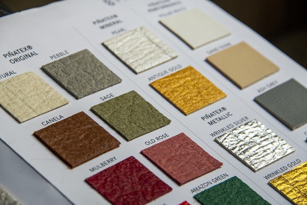 The various colours and finishes of Piñatex as shown in their Sample Catalogue