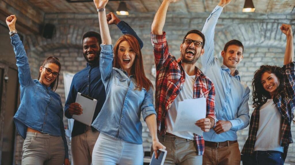 A team of people cheering