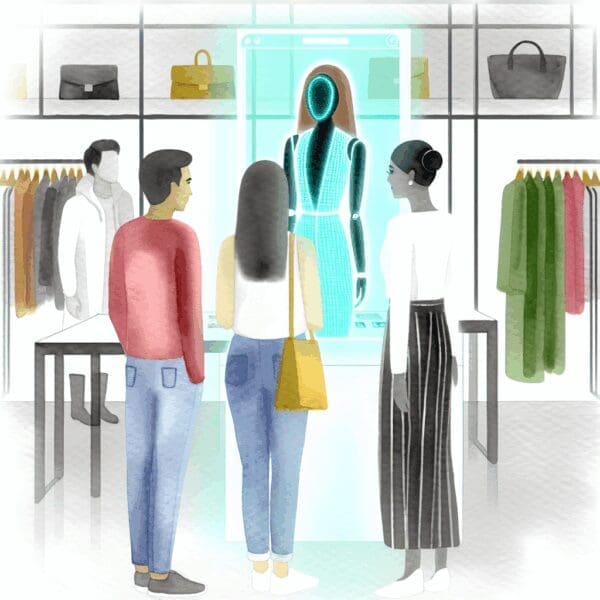 AI-powered shopping assistant in a fashion retail setting, engaging with customers