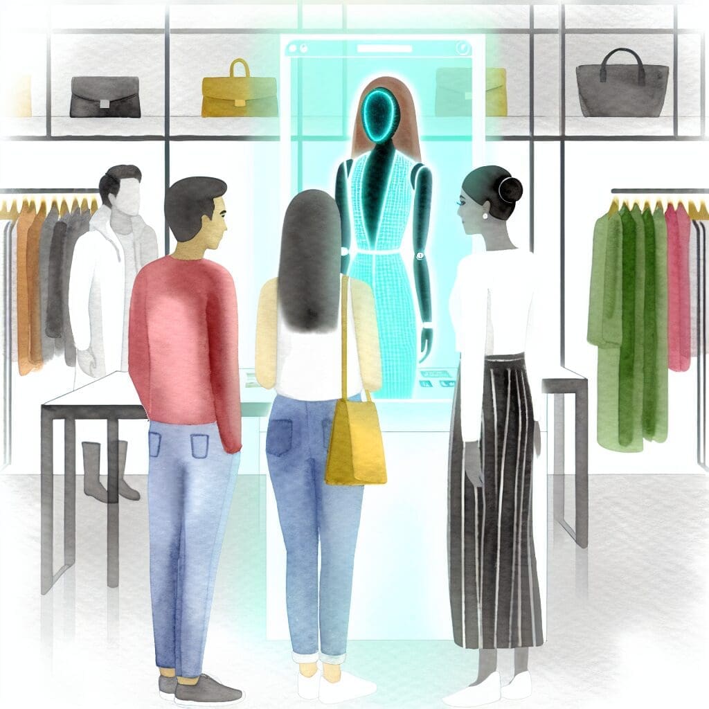 AI-powered shopping assistant in a fashion retail setting, engaging with customers