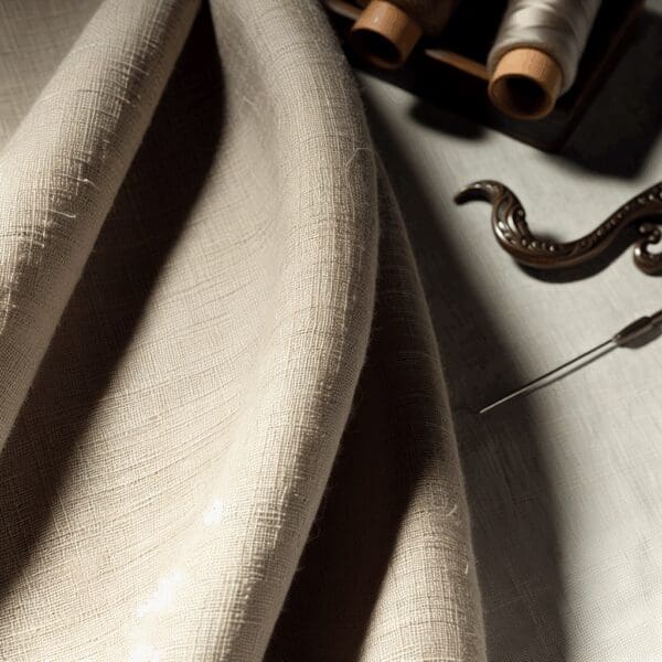A high-resolution close-up of luxurious linen fabric draped naturally, showcasing its natural texture, subtle luster, and weave details under soft, natural lighting. Background is minimalistic with neutral tones, highlighting the fabric's organic feel. Props include a vintage sewing needle and thread to emphasize craftsmanship.