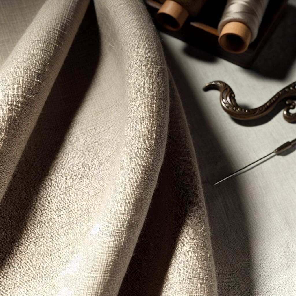 A high-resolution close-up of luxurious linen fabric draped naturally, showcasing its natural texture, subtle luster, and weave details under soft, natural lighting. Background is minimalistic with neutral tones, highlighting the fabric's organic feel. Props include a vintage sewing needle and thread to emphasize craftsmanship.