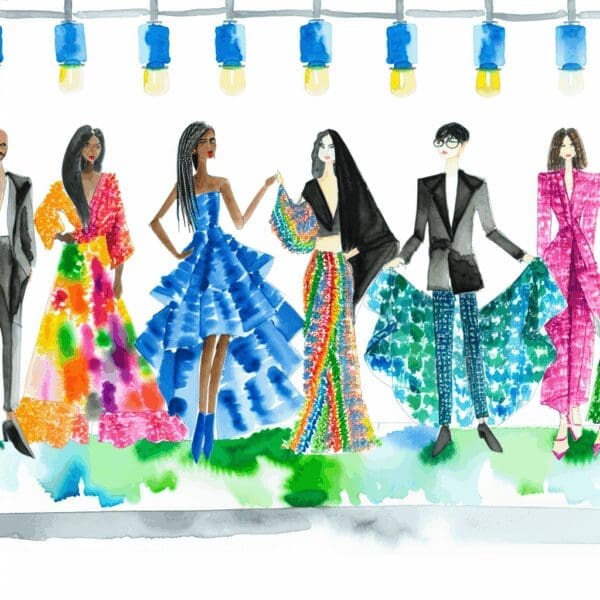 A diverse group of independent fashion designers showcasing vibrant, unique outfits made from sustainable materials.