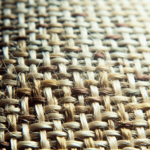A high-resolution close-up photograph of hemp fabric showing its textured, coarse fibers and natural color variations. The scene is lit with soft, natural lighting to highlight the fabric's tactile qualities, with a neutral background and minimal props to focus on the fabric's intricate weave and fiber details.