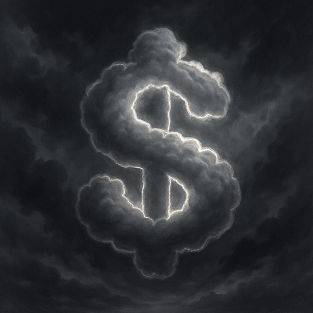 A silver-lined cloud shaped like a dollar sign.