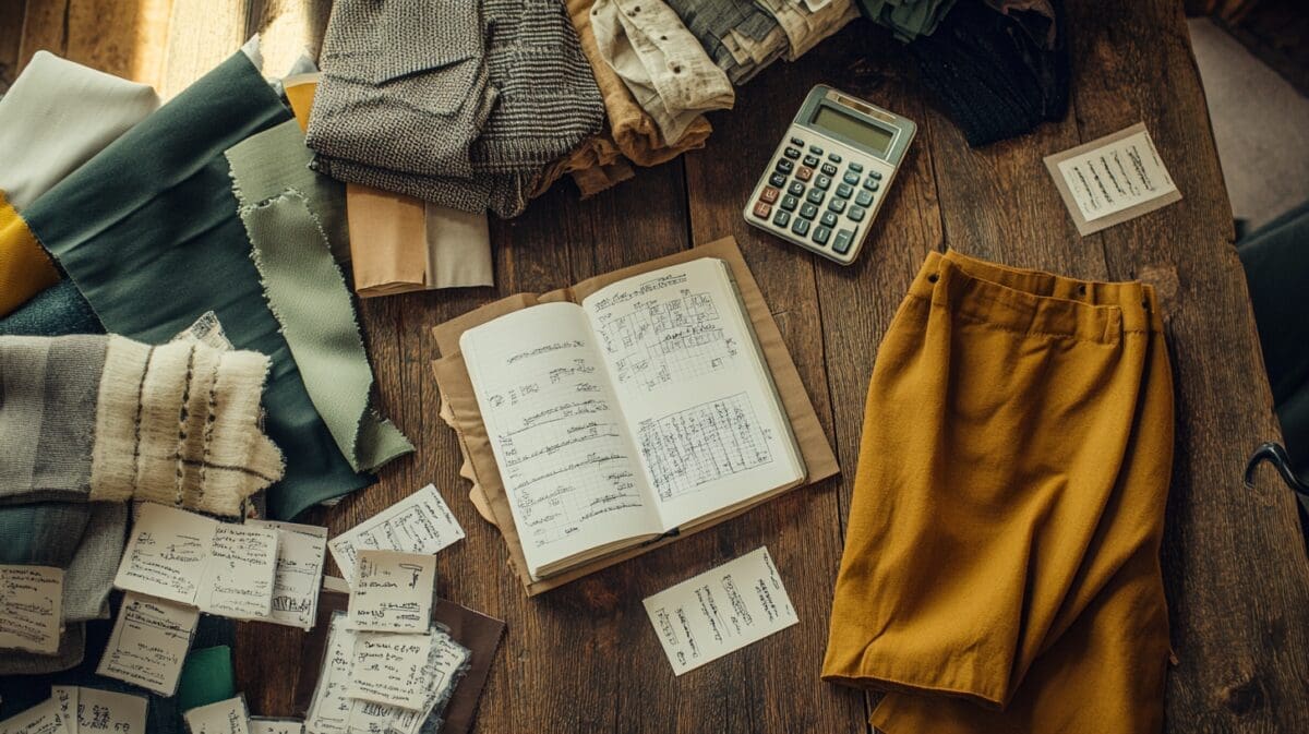 A view of a fashion designers desk from above